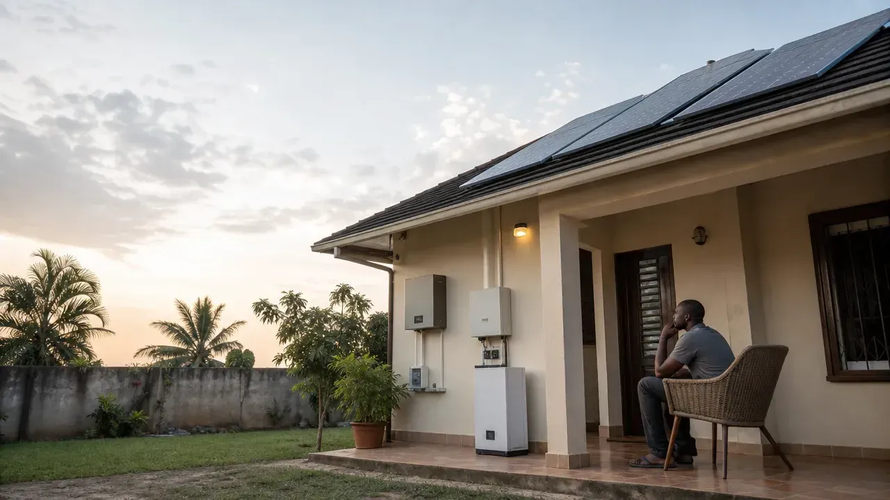 Maison résidentielle en Côte d’Ivoire équipée de panneaux solaires, illustration de batterie solaire : pourquoi 10 kwh de stockage ne signifient pas 10 heures d’autonomie ?