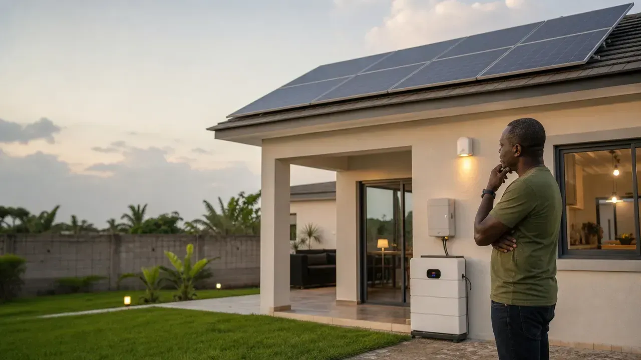 Maison résidentielle en Côte d’Ivoire équipée de panneaux solaires, illustration de une batterie solaire annoncée à 10 kwh vous donne-t-elle réellement 10 kwh à utiliser ?