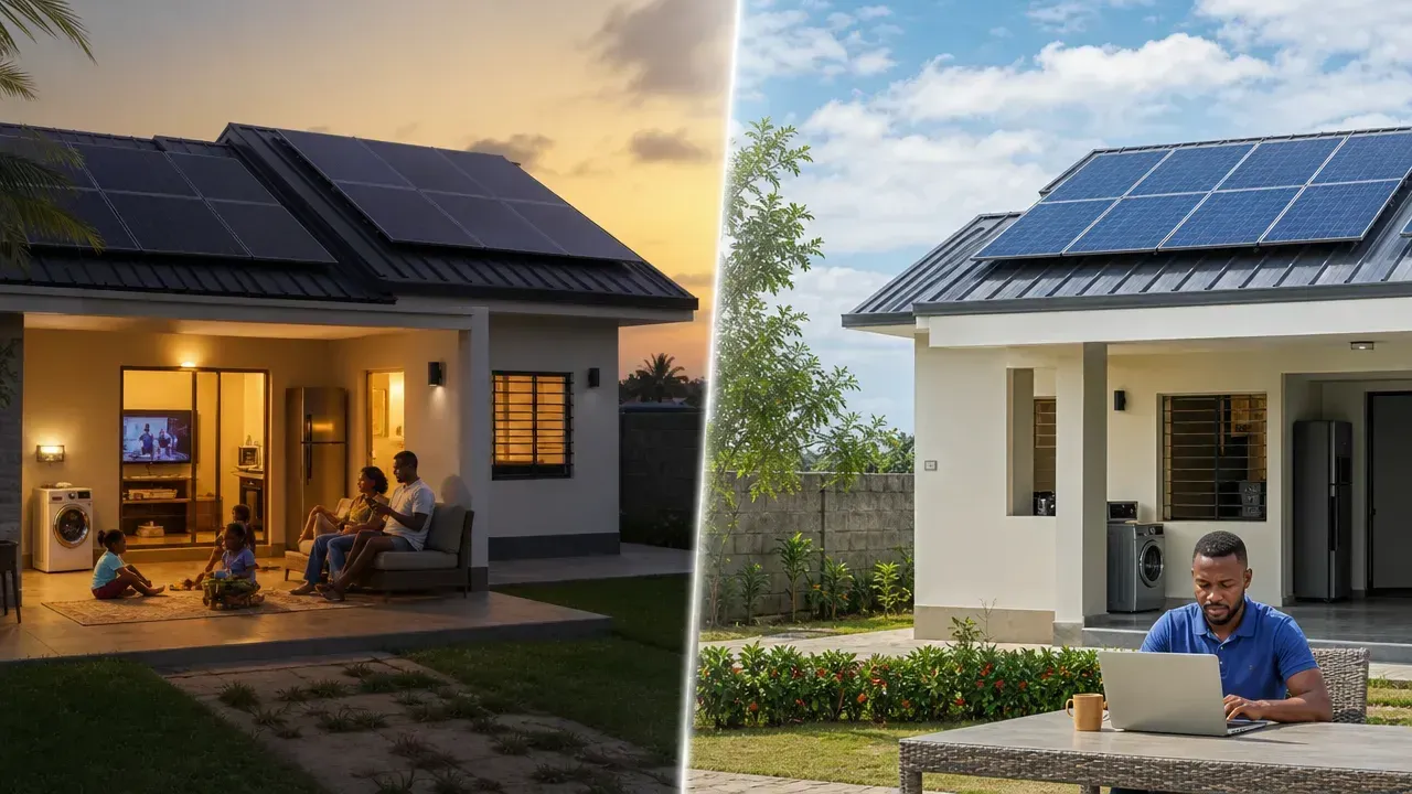 Maison résidentielle en Côte d’Ivoire équipée de panneaux solaires, illustration de pourquoi deux maisons équipées presque des mêmes appareils peuvent-elles avoir besoin de systèmes solaires différents ?