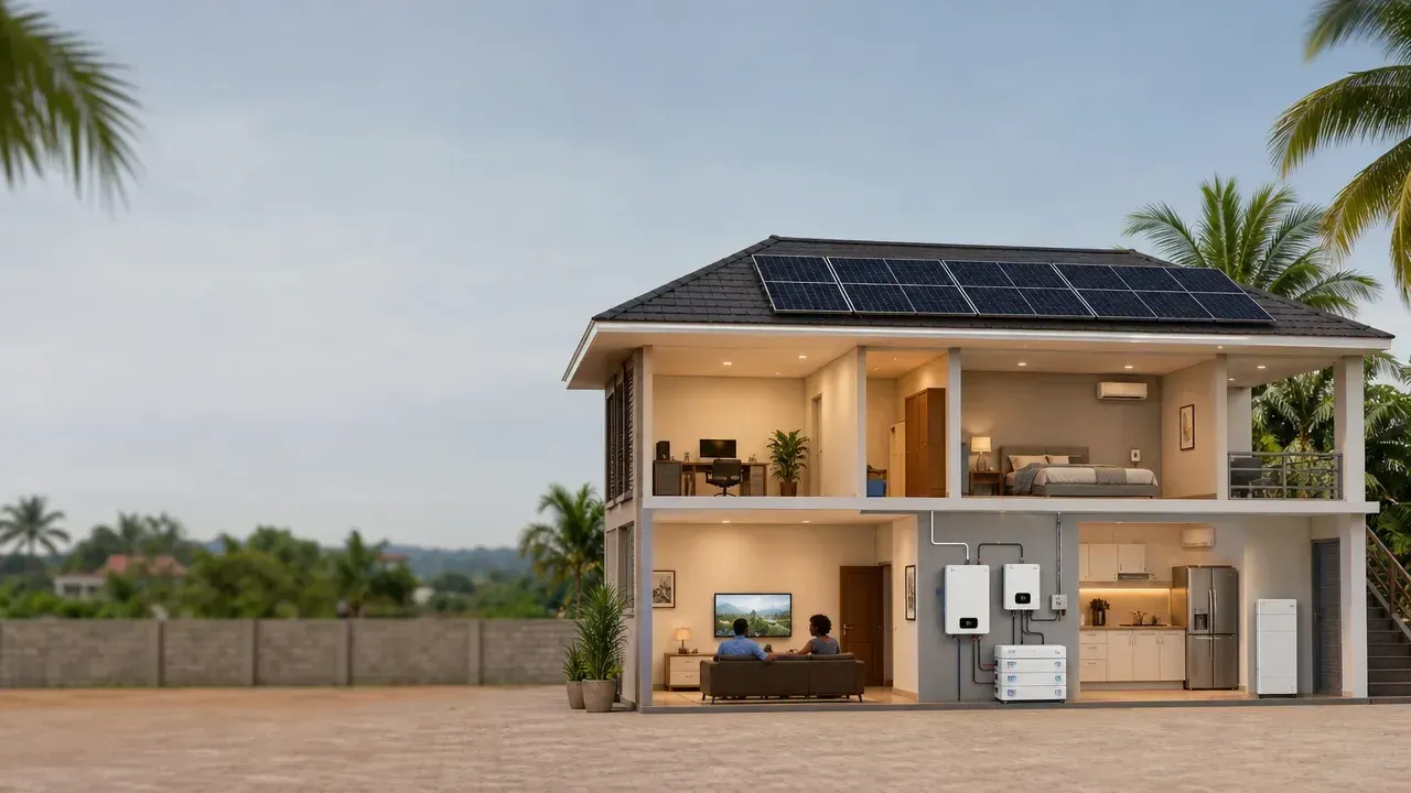 Maison résidentielle en Côte d’Ivoire équipée de panneaux solaires, illustration de installer une grosse batterie sans analyser les usages de la maison : pourquoi cette solution peut-elle être une mauvaise décision ?