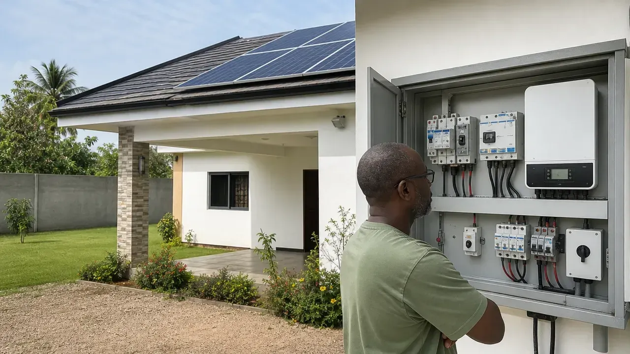 Maison résidentielle en Côte d’Ivoire équipée de panneaux solaires, illustration de parafoudre, sectionneur et disjoncteur : pourquoi ces équipements que l’on remarque à peine peuvent-ils protéger toute votre installation solaire ?
