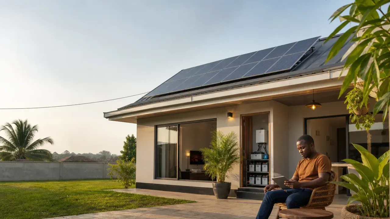 Maison résidentielle en Côte d’Ivoire avec panneaux solaires et propriétaire, illustrant l’importance d’analyser séparément la puissance des appareils et leur durée d’utilisation.